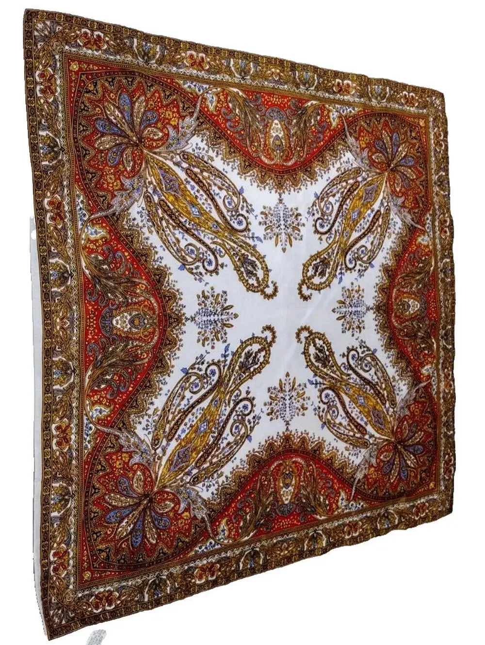 Vintage 1970s Satin Scarf Paisley Brown Boho R. J. SINGER Tapestry Print JAPAN